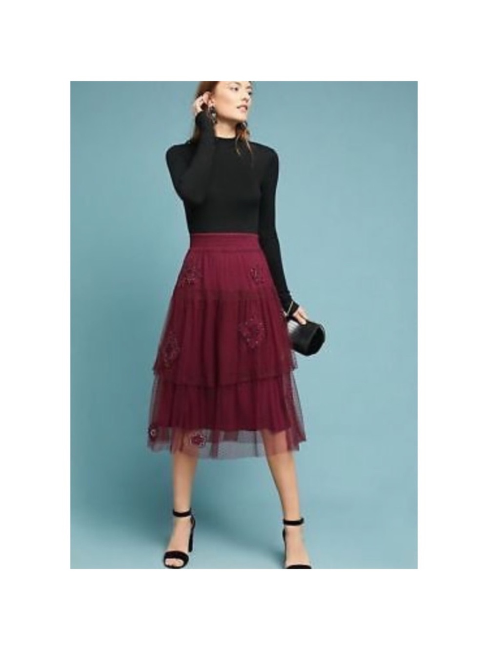 Anthropologie Embroidered Tiered Tulle Midi Skirt - Burgundy